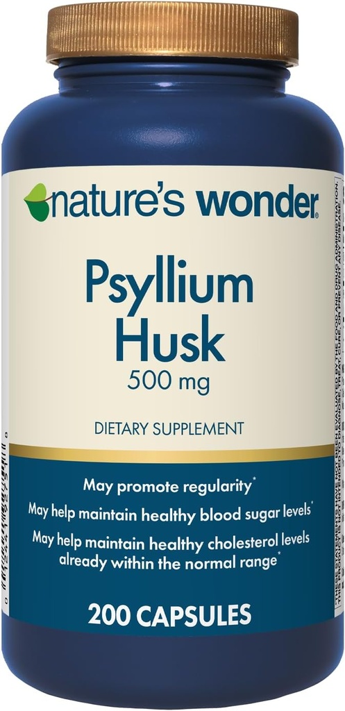Nature's Wonder Psyllium Husk 500 mg カプセル消化の健康、植物ベースの繊維、200 カウント