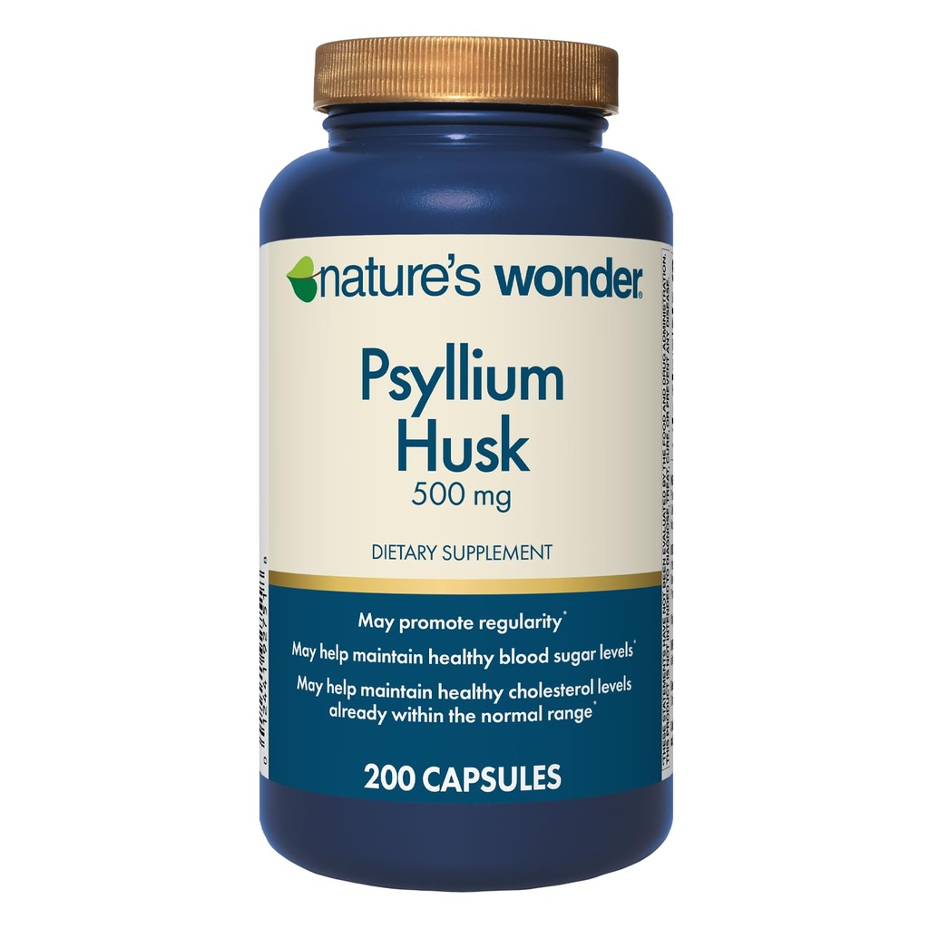 Nature's Wonder Psyllium Husk 500 mg カプセル消化の健康、植物ベースの繊維、200 カウント
