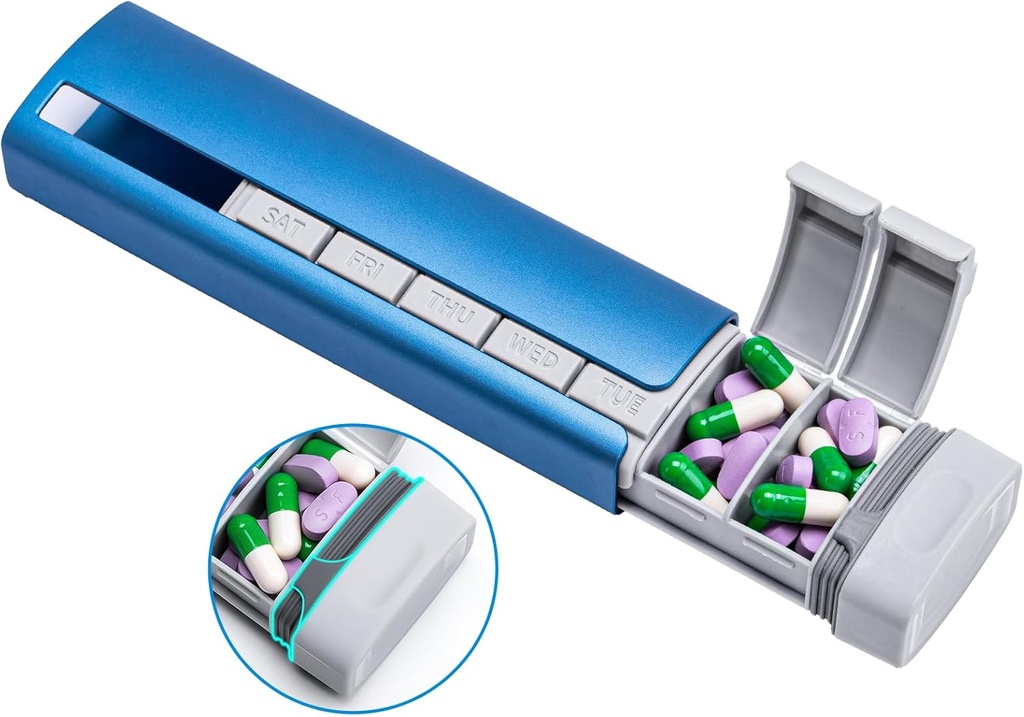 Daviky金属の旅行丸薬のオルガナイザー、優れたアルミニウム丸薬箱7日、週刊毎日ピルケース、薬、サプリメント、ビタミン(ブルー+グレー)のためのStylish&Cuteピルホルダー