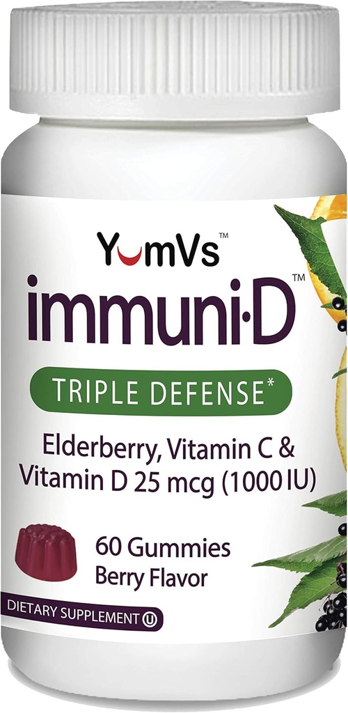 ImmuniD Elderberry Gummies by YumVs | Triple Defense Vitamins with Sambucus Elderberry, Vitamin C & Vitamin D | Complete Immune System Support for Women & Men | Natural Berry Flavor-60 Count