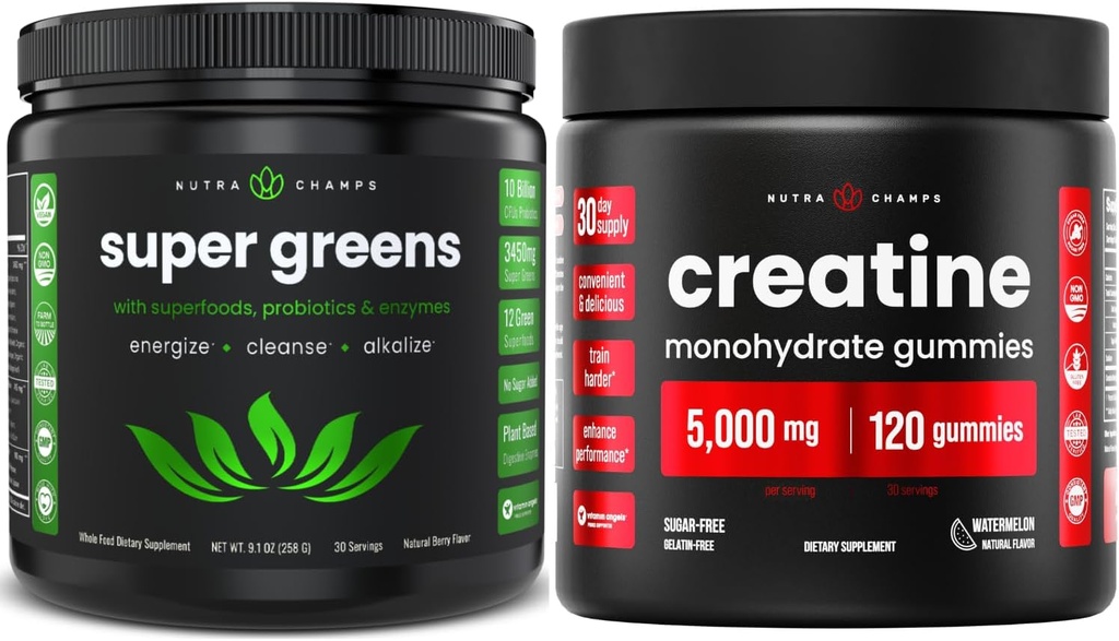NutraChamps完全なトレーニングとエネルギーバンドル - スーパーグリーンとクレアチンガミー。