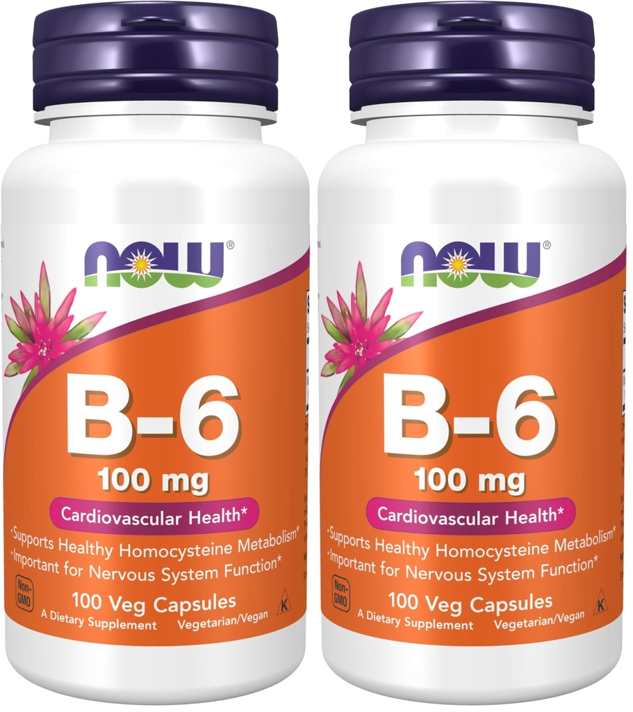 NOWサプリメント、ビタミンB-6(ピリドキシンHCl)100mg、心血管の健康*、100ベジカプセル(パッケージ2)
