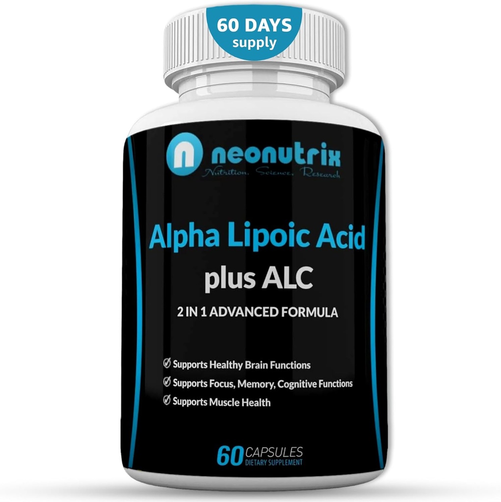 Alpha Lipoic Acid Plus Acetyl L-Carnitine Antioxidant Supplement ALA ALC for Healthy Brain Function & Muscle Strength, Focus, Memory & Cognitive Function for Women & Men - 60 Capsules by Neonutrix