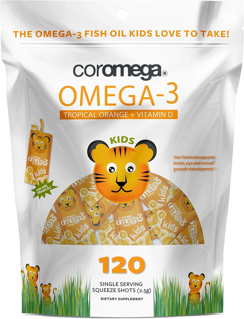 Coromegaはオメガ3の魚油の補足、Omega-3sの650mg、熱帯オレンジ+ビタミンD、120の単一のServeの絞りのパケットをからかいます