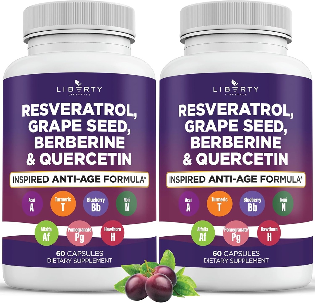 Resveratrol、Berberine、ブドウ種子エキス、Quercetin、N-Acetyl Cysteine、Acaiのエキスが付いている女性および人のためのポリフェノールの補足 - 2-Pack