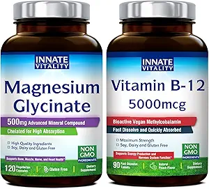 Innate Vitality Magnesium Glycinate & Vitamin B12 Bundle, No Gluten & Vegan, Magnesium (120 Caps) & Vitamin B12 (90 Fast Dissolve Tabs), Value Pack, Bundle & Save