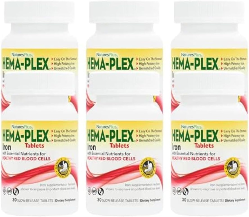 NaturesPlus Hema-Plex Iron - 30 Sustained Release Tablets, Pack of 6-85 mg Elemental Iron - Total Blood Health - with Vitamin C & Bioflavonoids - Vegan, Gluten Free - 180 Total Servings