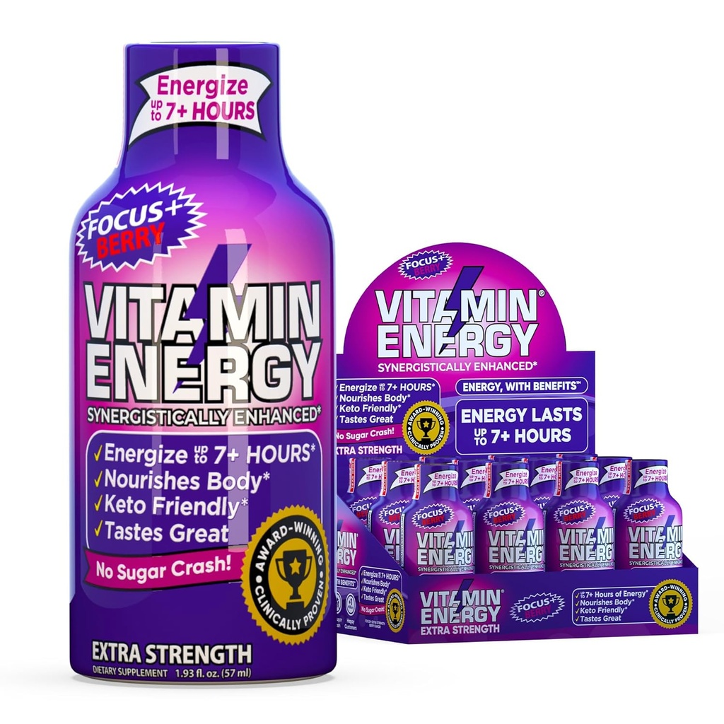 ビタミン エネルギー焦点+の余分強さエネルギー ショット ベリー 4 のパック、260mg 自然なカフェイン、B ビタミン、CoQ10、アミノ酸、焦点、生産性及び明白、ゼロ砂糖、グルテンフリー、1.03 fl oz
