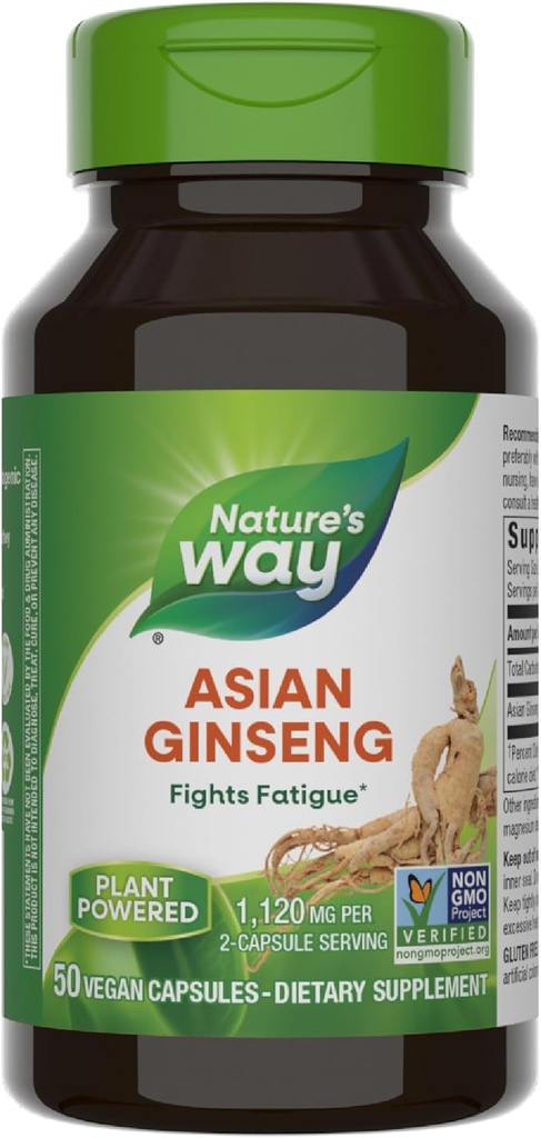 Nature's Way Asian Ginseng、Fatigue*の戦い、サービング2カプセルごとの1,120mg、非GMOプロジェクト検証、ビーガン、50カプセル(パッケージ5月Vary)