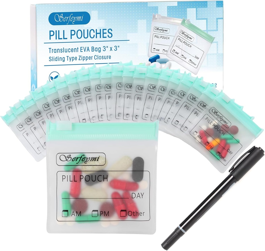 Serfeymi 32 PC のジッパーを付けられた丸薬の袋のオルガナイザー プラスチック袋 3 x 3 インチのスライド ロックの Writable のラベルの半透明旅行薬の貯蔵袋の箱および 1 つの Pc のマーカー緑と密封する 12 人のミルの自己