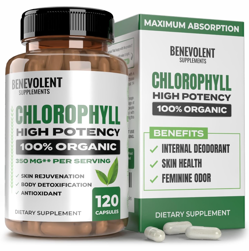 ベネボレントクロロフィルカプセル350mg - 100%ナチュラル+超クロロフィル20xエネルギーブースト、免疫サポート、内部消臭剤、皮膚健康、非GMO、120カプセルのための効力集中