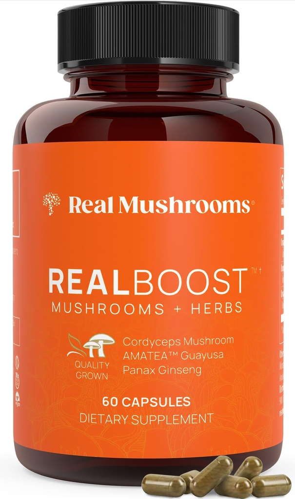 本物のキノコRealBoostカプセル - コーディセプキノコ、Panax Ginseng&Guayusaエキス - 全体的なウェルネス&エネルギーサポート - ビーガン、非GMO、充填剤なし - 60キノコサプリメントブレンド