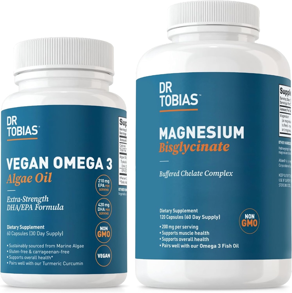Dr. Tobias Vegan Omega 3 Algae Oil and Magnesium Bisglycinate, Essential Wellness Support for Heart, Brain, Muscle, and Bone Health, Non-GMO, Vegan