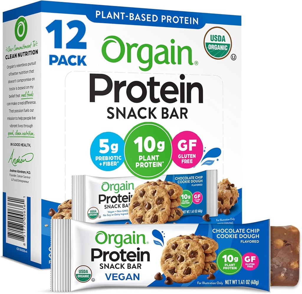 Orgain Organic Vegan Protein Bars, Chocolate Chip Cookie Dough - 10g Plant Based Protein, Low Calorie Healthy Snacks, No Lactose or Soy Ingredients, Gluten Free, Non-GMO - 1.41 Oz (Pack of 12)