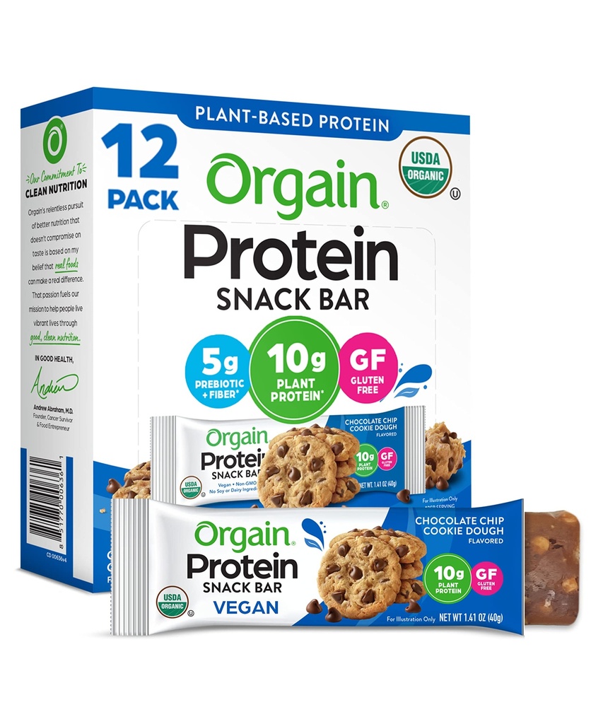 Orgainオーガニックビーガンプロテインバー, チョコレートチップクッキーダフ - 10g植物ベースのタンパク質, 低カロリーヘルシースナック, 乳糖や大豆成分なし, グルテンフリー, 非GMO - 1.41 Oz (パック 12)