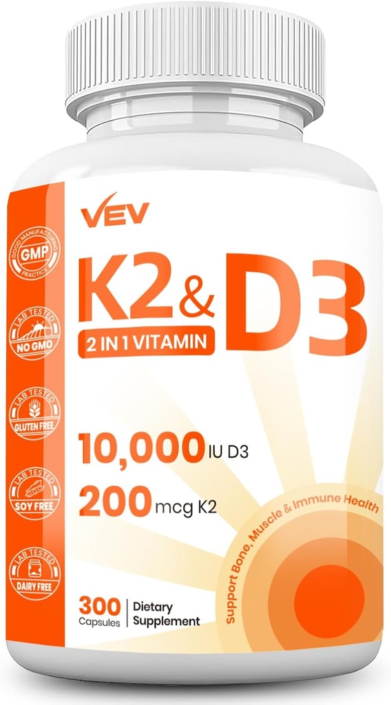 VEV ビタミン D3 K2 - 簡単に飲み込むカプセル、300 カプセル(パッケージ 5 月 Vary)