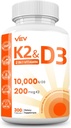 VEV ビタミン D3 K2 - 簡単に飲み込むカプセル、300 カプセル(パッケージ 5 月 Vary)