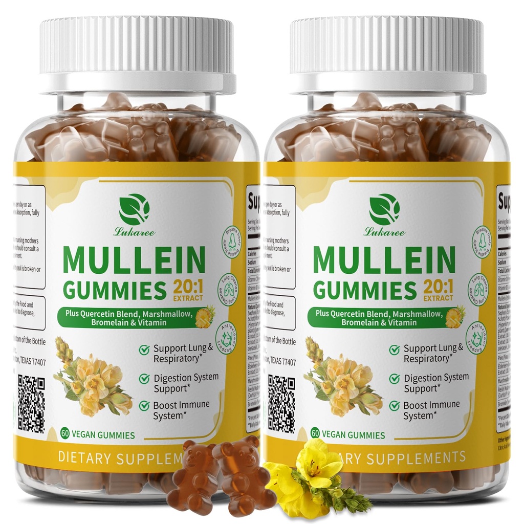 (2 パック) 9 に 1 ルンクレンジング&デトックスのためのムレイン ・ グミーズ, 余分な強度ムレイン リーフ エキス w/Quercetin, Bromelain, 呼吸のためのエルダーベリー & マーシュマロ, 免疫 & 消化, ビーガン,120 カウント