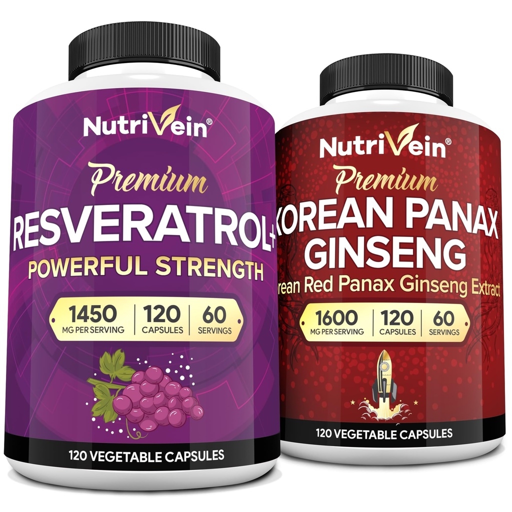Nutriveinの優れた韓国のPanaxのGinsengの補足及びResveratrolの補足の束:頭脳、防衛、修理のための高吸収性Resveratrolのカプセル及びGinseng