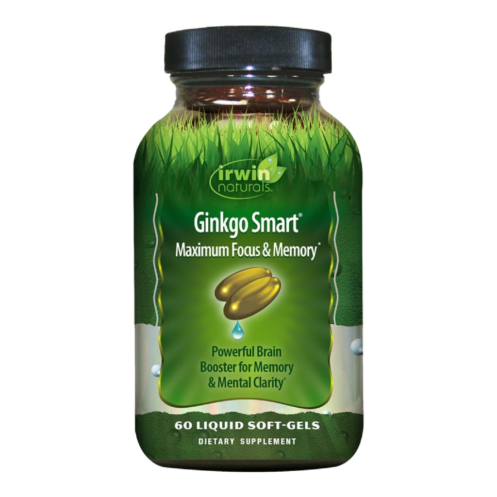 Irwin Naturals Ginkgoスマート強力な向知性脳ブースター - DMAE、Clubmos、Choline、Acetyl L-Carnitineと最大メモリ、フォーカス&メンタルクラリティをサポート - 60液体Softgels