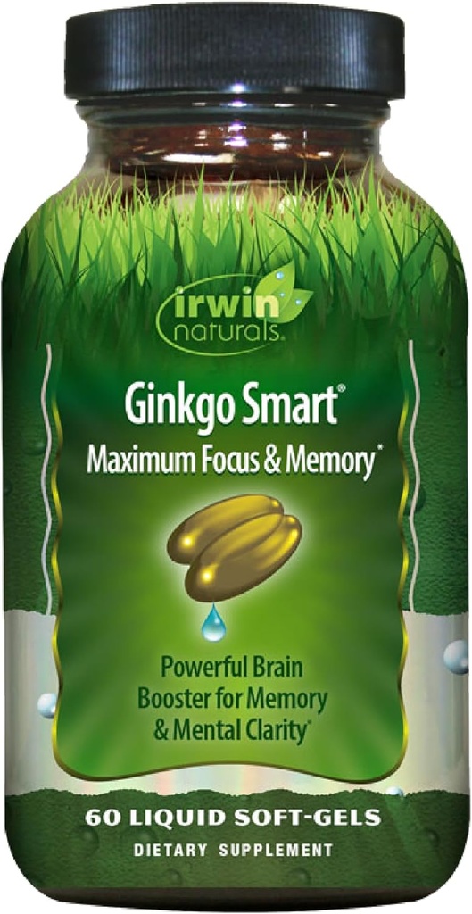 Irwin Naturals Ginkgoスマート強力な向知性脳ブースター - DMAE、Clubmos、Choline、Acetyl L-Carnitineと最大メモリ、フォーカス&メンタルクラリティをサポート - 60液体Softgels