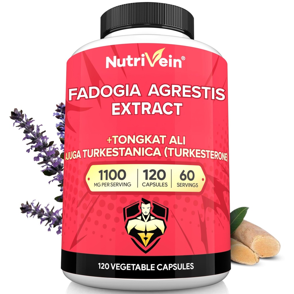 Nutrivein Premium Fadogia AgrestisとTurkesteroneとTongkat Aliサプリメント - 1100 mg - 120キャップ - パフォーマンス、強度、およびすべての年齢の女性のためのシナジーブレンド