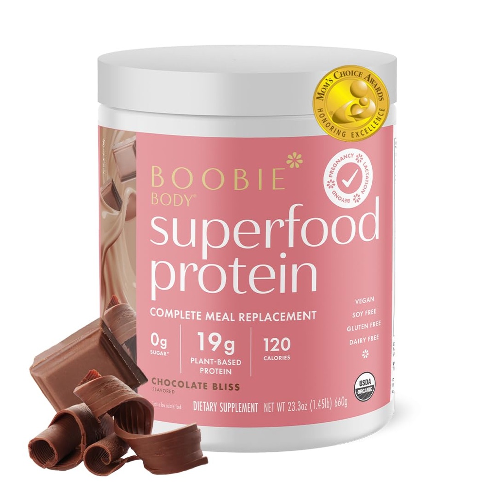 ボビエボディスーパーフードプロテイン妊娠と産後の食事代替シェイク、チョコレートブリス風味 | 19gプロテイン | オーガニック、ヴィーガン、ゼロシュガー、1個(20個)