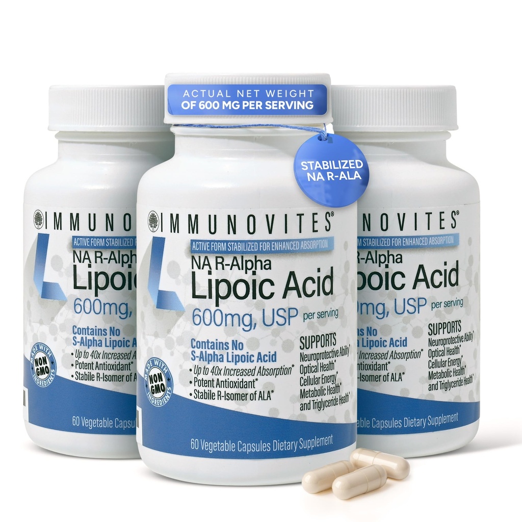IMMUNOVITES 3-パック安定Rアルファリポ酸(((True))) 600mg/サービング[[高い効力と最大40倍吸収]](Na R-ALA)(Na R-LA)(Na R-Lipoate)(3本)