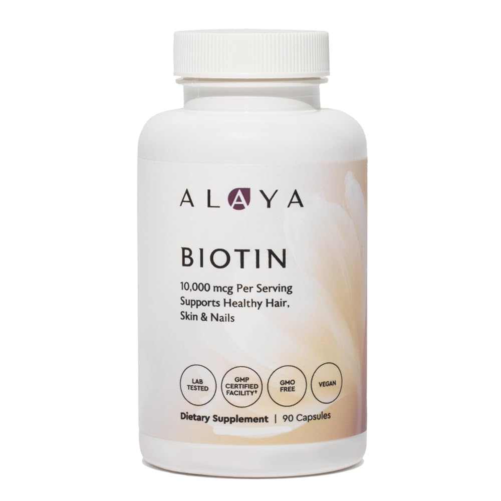Alaya Naturals - ビオチン10,000mcg、90カプセル - 健康的な髪、皮膚、爪をサポート