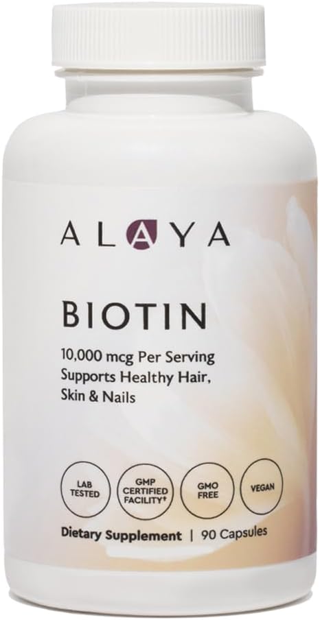 Alaya Naturals - ビオチン10,000mcg、90カプセル - 健康的な髪、皮膚、爪をサポート