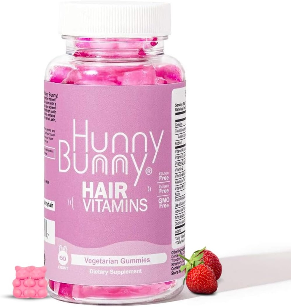 Hunny Bunny Hair Vitamin Biotin Gummies - Biotin Supplement with Vitamin A, C, D, E, B6 – Hair Growth, Skin, Nail Vitamins - Non GMO, Gluten Free – 60 Gummies