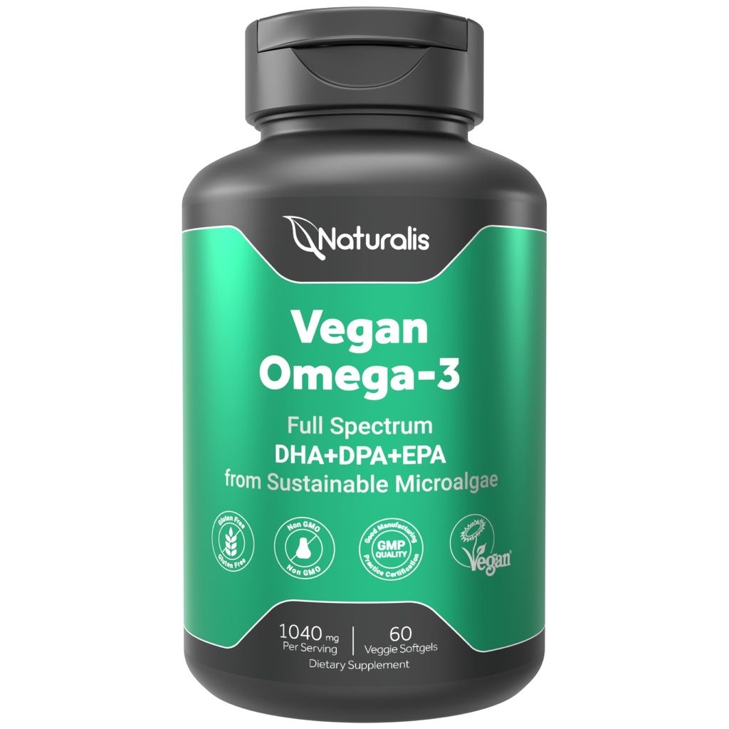 Naturalisビーガンオメガ3 DHA, EPA & AlgaeのDPA | ビーガン協会認定, 持続可能にソース, 真のフルスペクトラム | 60 Veggie Softgels (Carrageenan無料)