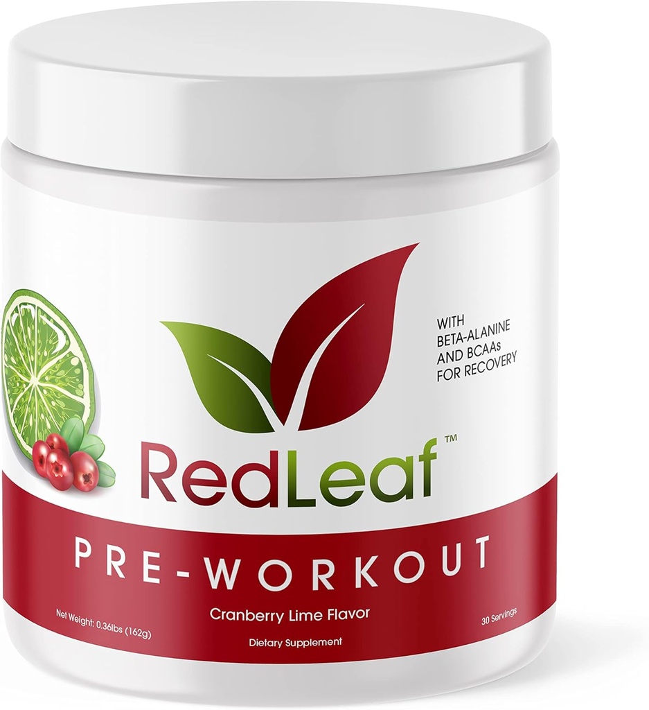 Red Leaf Pre Workout Energizer Powder, BCAA's, Beta-Alanine, Amino Acids and Green Tea for Immune Support and Preworkout Energy, Natural Cranberry Lime Flavor - 30 Servings