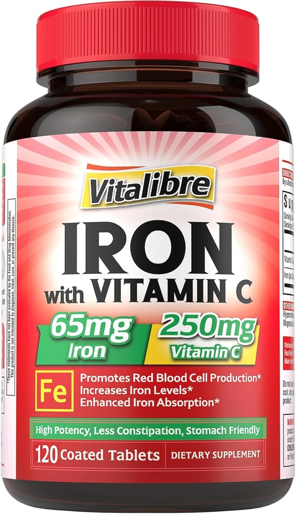 Iron Supplement 65mg with Vitamin C, Stomach Friendly Carbonyl Iron, High Potency & Absorption, for Healthy Iron & Energy Levels, Supports Red Blood Cell Production, 120 Tablets