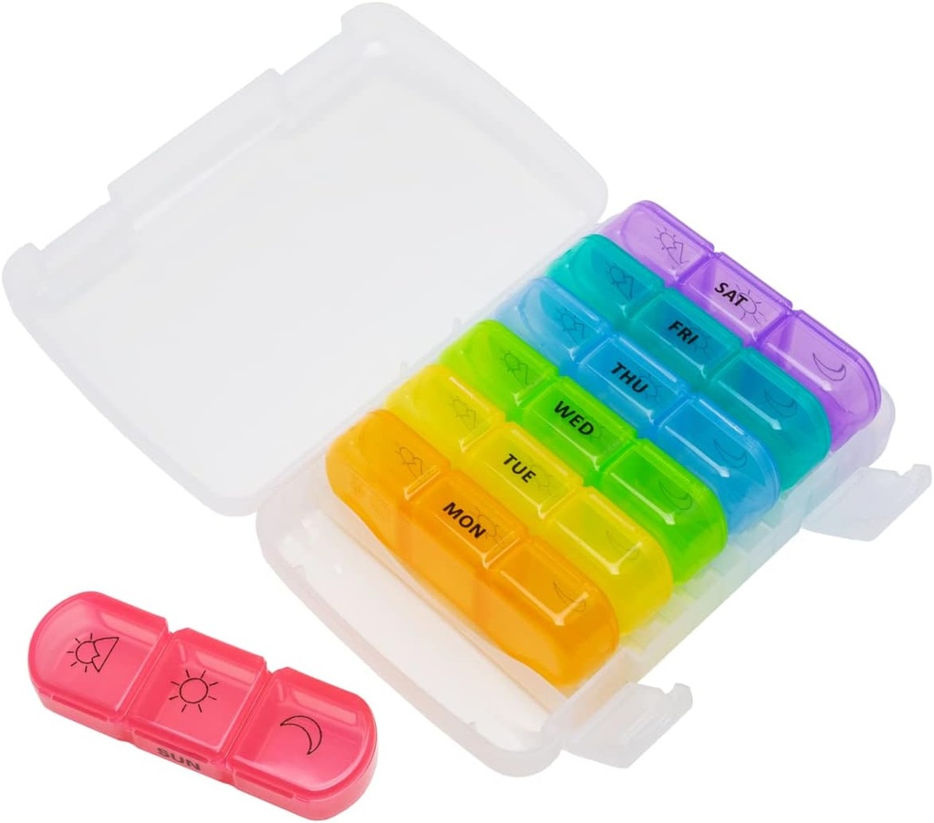 EZY DOSEウィークリー(7日)毎日のMedtimeの丸薬のオルガナイザーの箱、ビタミンのプランナーおよび薬の容器、取り外し可能な大きいポップアップ個々のコンパートメント、3回、旅行フレンドリー、虹、BPA無料