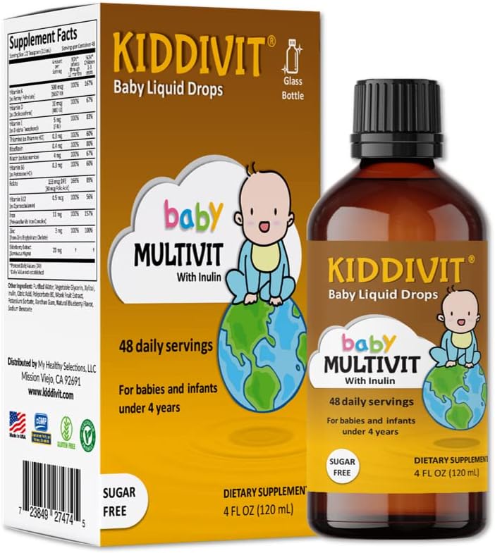 Kiddivit 赤ちゃん Multivitamin 液体ドロップインリン - 48 毎日のサービング、4 Fl Oz (120mL) - ガラス ボトル - 砂糖無料、グルテンフリー、ベジタリアン フレンドリー