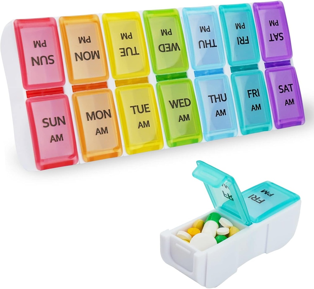 DailyRest Pill Organizer 1日2回、Pill Box 7 Day、AM PM Pill Case、Detachable Weekly Pill Container、Rainbow See-Through Lids、Pill/Vitamins/Supplementsのポータブル薬容器