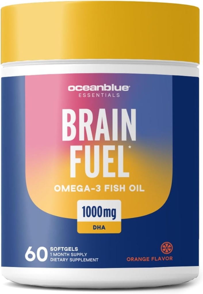 オーシャンブルーエッセンシャル脳燃料 - 60ct - ビルプレスフィッシュオイル - 高効力オメガ3 DHAサプリメント - 1000mg - おいしいオレンジ味 - 1ヶ月の供給