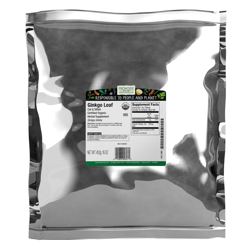 フロンティアコプ オーガニック ジンクゴ リーフ、1lb バルク バッグ、カット、シフト | 乾燥された銀杏の葉 | お茶とハーブの用途に理想的