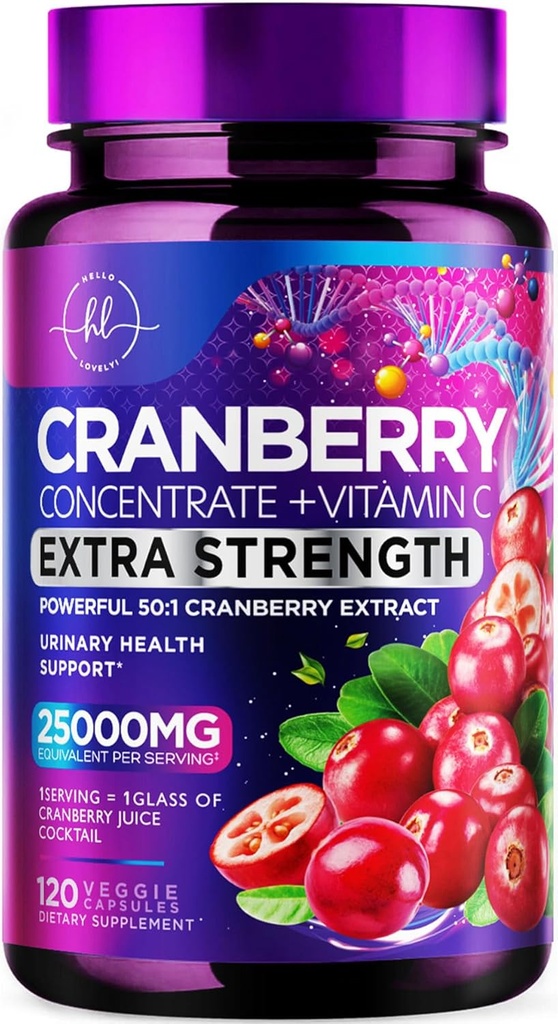 Cranberry Supplement 25,000mg Formula + Vitamin C – Urinary Tract Health Support for Women & Men, 50:1 Whole Fruit Cranberry Extract Pills for Women, Sugar-Free, Non-GMO, Gluten-Free - 120 Capsules