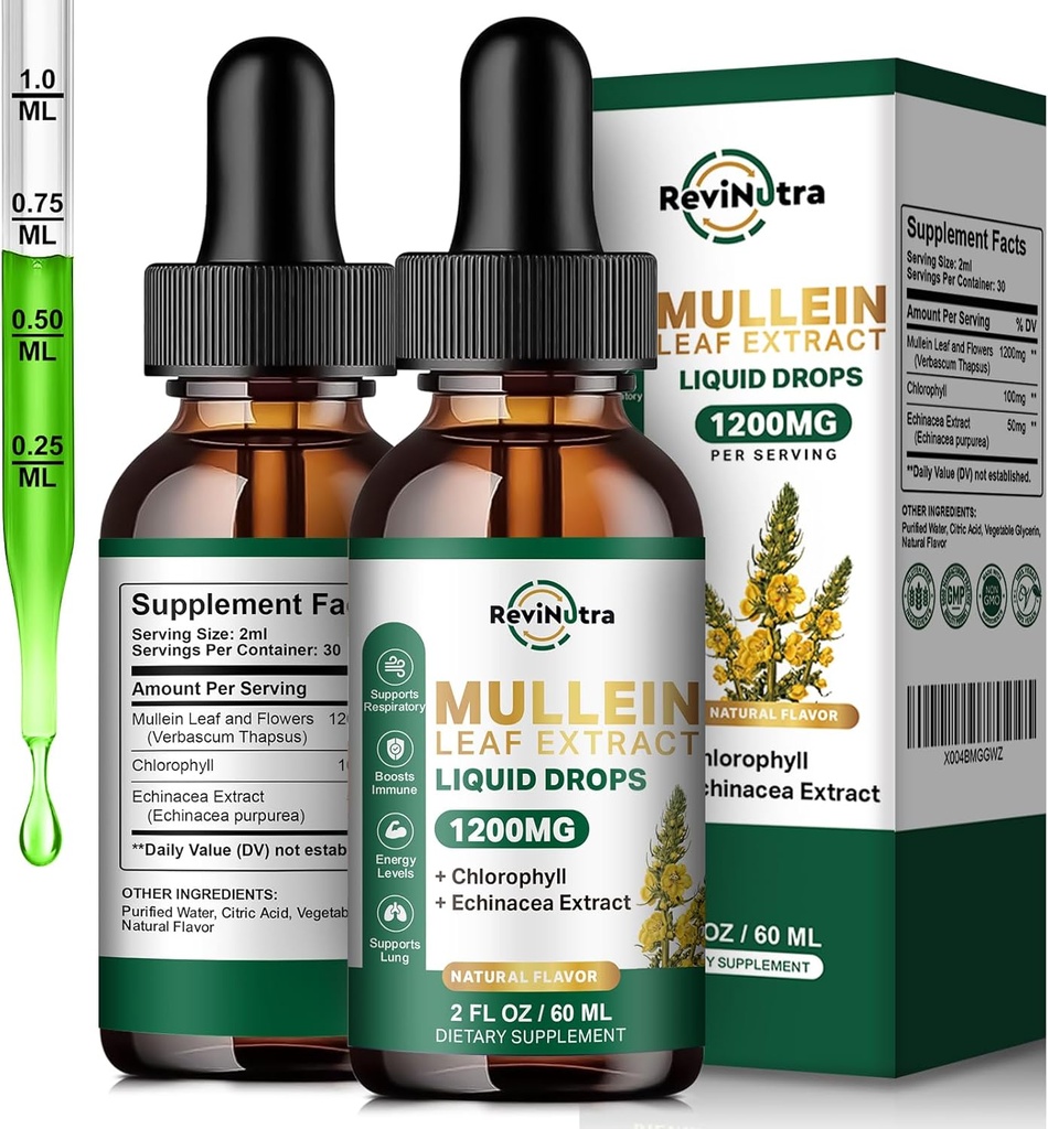 Lungsのための2つのパックのMulleinの低下、1200mg Mulleinの葉のエキスの液体は肺の清潔及びDetoxのためのChlorophyll、呼吸器、免疫学的システムのためのサポート低下します