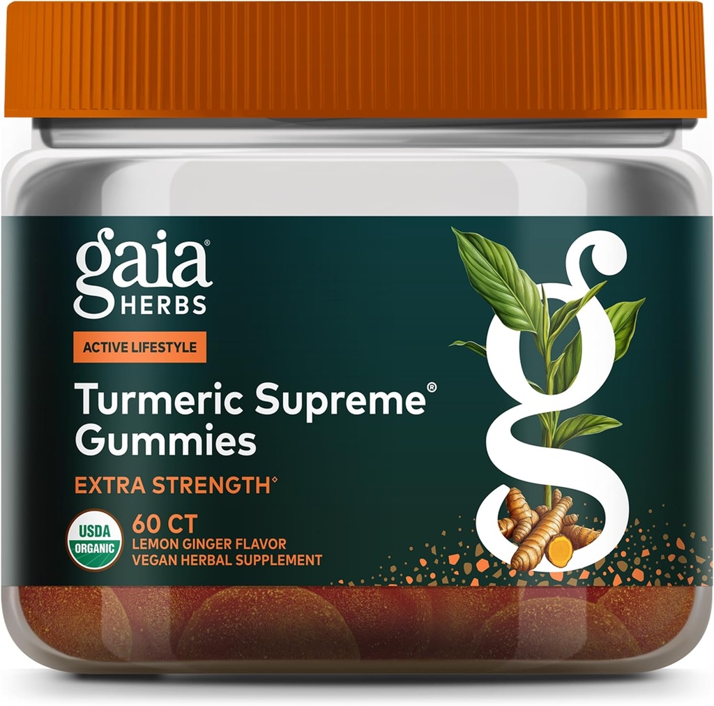 Gaia Herbs Turmeric Supreme Extra Strength Gummies - Supports Swelling Relief to Help Maintain an Active Lifestyle - Lemon Ginger Flavor - 60 Vegan Organic Gummies (20-Day Supply)