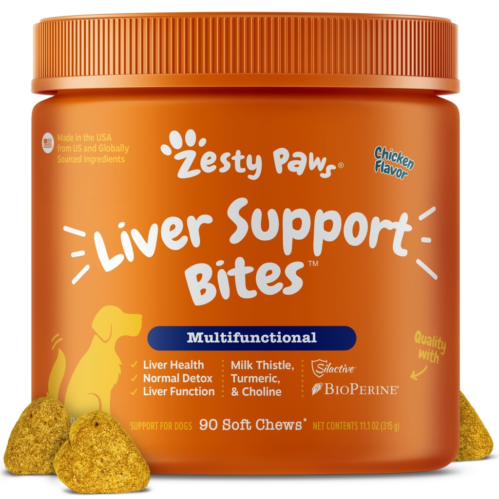 犬のためのZesty Pawsの肝臓サポートサプリメント - 牛乳アザミエキス、ターメリッククルクミン、コリン - 柔らかい咀嚼式 - 犬の肝臓機能のために