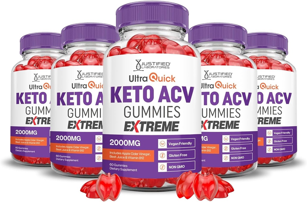 Justified Laboratories (5 Pack Ultra Quick Keto ACV Gummies Extreme 2000MG Ultraquick Keto Gummies Apple Cider Vinegar Formulated with Pomegranate Beet Juice Powder B12 Vegan Non GMO 300 Gummys