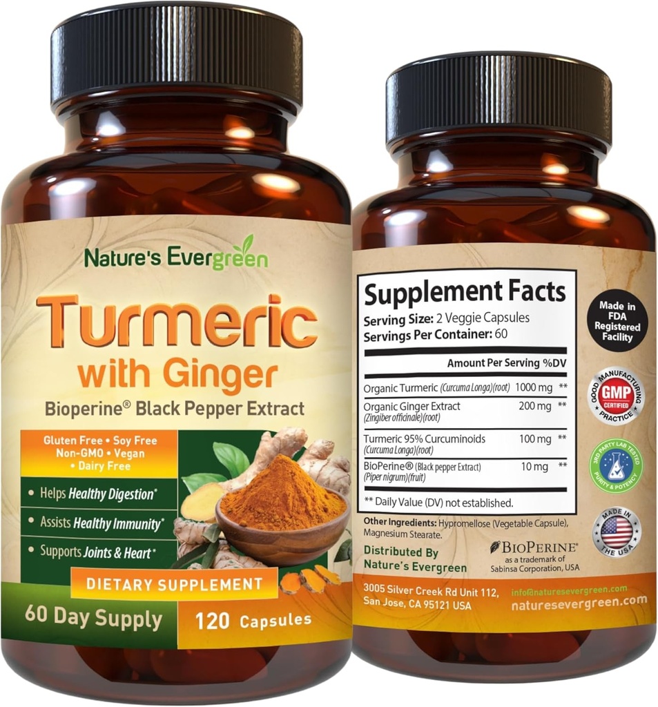Turmeric with Ginger Root Joint Support Supplement | Turmeric Curcumin Supplement 95% Curcuminoids | Contains Organic Turmeric & Ginger with Black Pepper Extract for Max Absorption