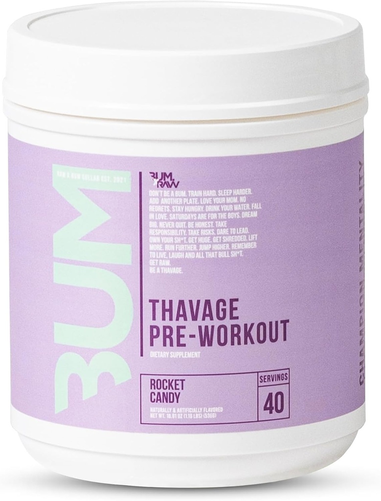 RAW Pre Workout Powder, Thavage (Rocket Candy) - Chris Bumstead Sports Nutrition Supplement for Men & Women - CbumPreworkout for Working Out, Hydration, Mental Focus & Energy - 40 Servings