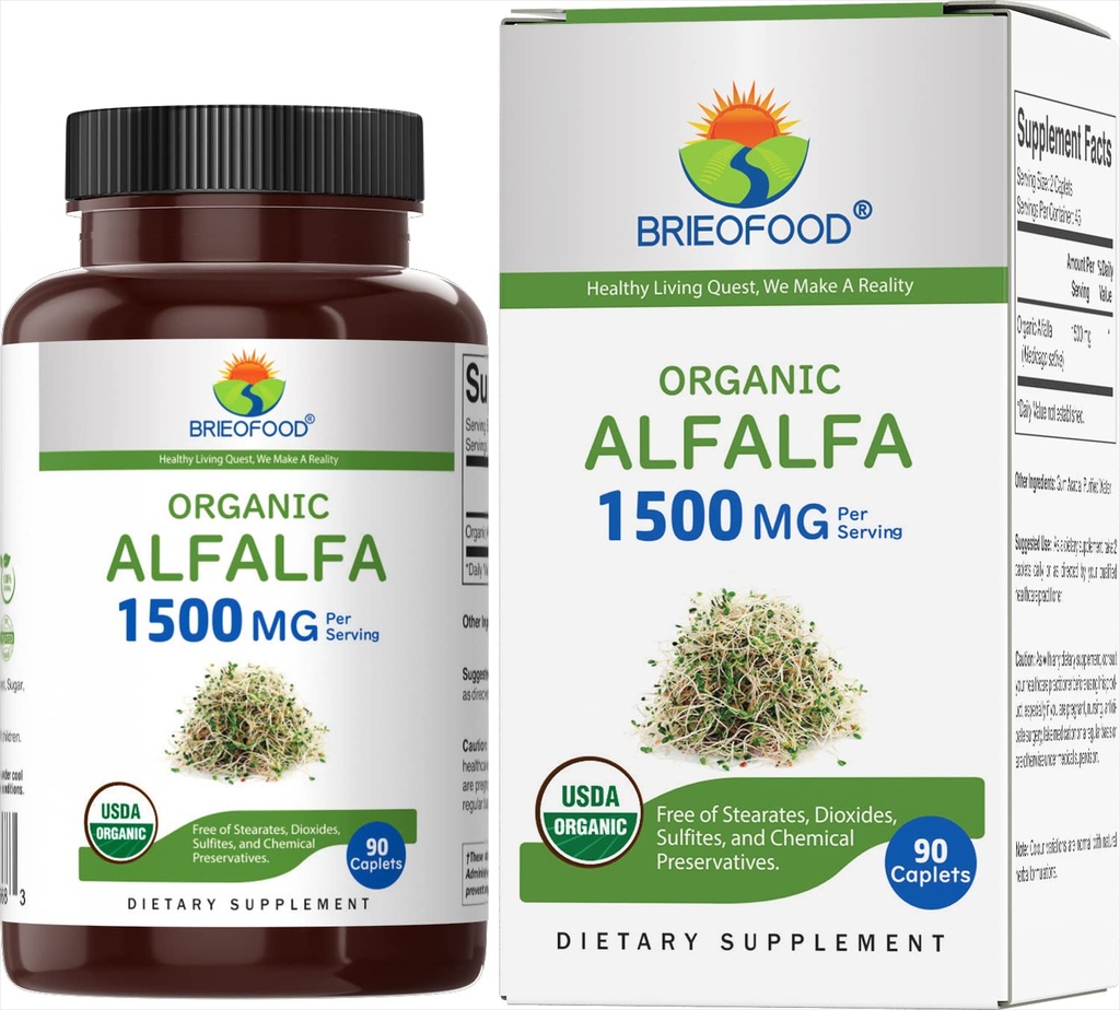 Brieofoodオーガニックアルファルファ1500mg、45サービング、ベジタリアン、グルテンフリー、90ベジタリアンタブレット