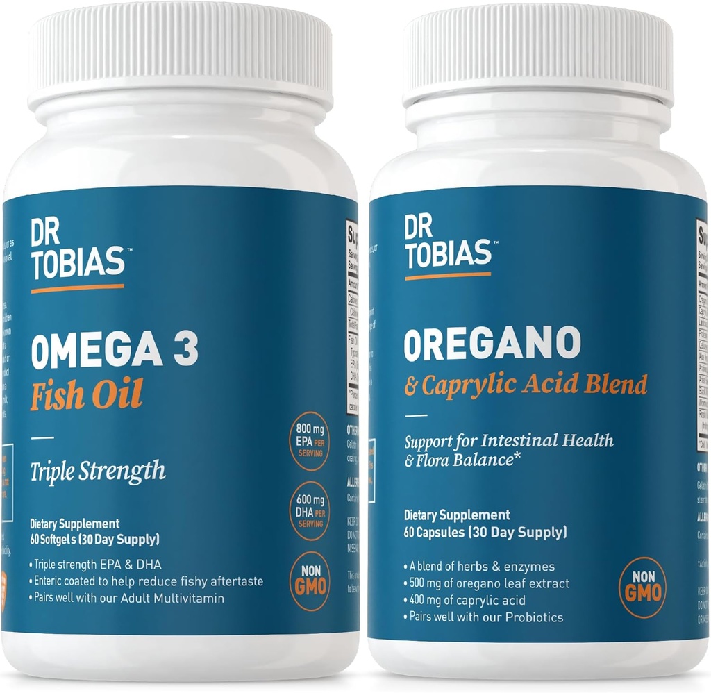 Dr. Tobias Omega 3 Fish Oil and Oregano & Caprylic Acid Supplements, Supports Heart, Brain, Immune with Gut Flora Balance Complex & Intestinal Health for Women & Men