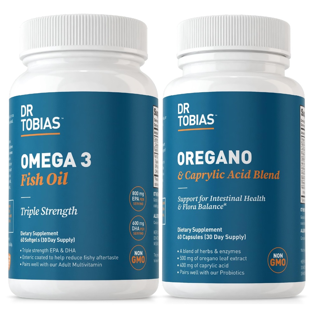 Dr. Tobias Omega 3魚油とオレガノ&カプリル酸サプリメント、サポートハート、脳、グットフローラバランスコンプレックス&女性&男性のための腸の健康