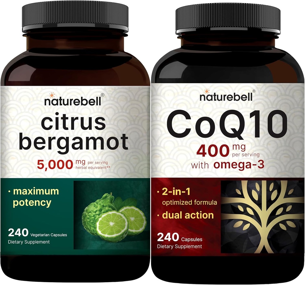 NatureBell CoQ10 400mgはオメガ3の脂肪酸及びCitrus Bergamot Veggieのカプセルが付いているカプセルを5,000のmgの等価な束のパック 安定した高い吸収の形態 高い酸化防止レベル
